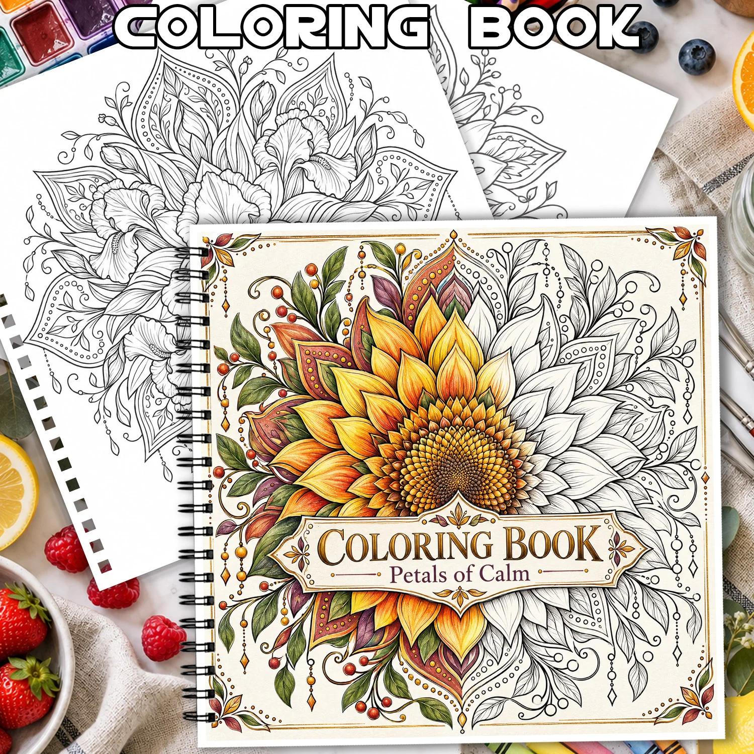 Spiral Binding Coloring Book Petals of Calm Mandala Design for Adults Teens Showcasing Creativity Relieving Stress, 24 Pages