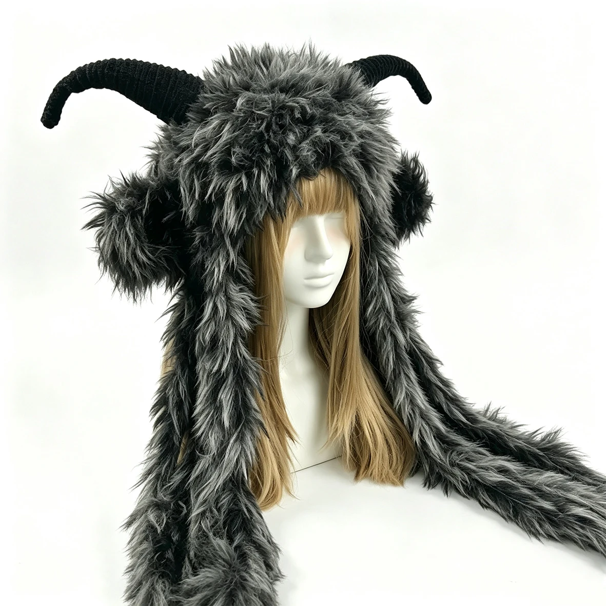 Handmade Black Wild Goat Horn Crochet Hat Men Fuzzy Knit Winter Warm Beanie Women Plush Dark Gothic Viking Cosplay Hood Custom