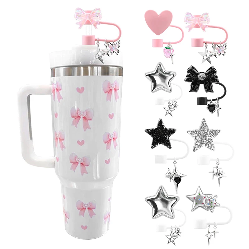 4Pcs Star Straw Covers For Stanley Cup Bow Silicone Straw Toppers Cute Heart Straw Cover Dust Proof Plugs Protector Straw Tips