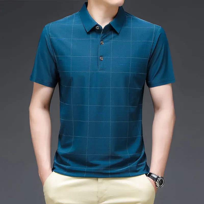 Men's Ice Silk Short-sleeved T-shirt Summer New Middle and Old Age POLO Shirt Solid Color Check Print Oversized Business Casual