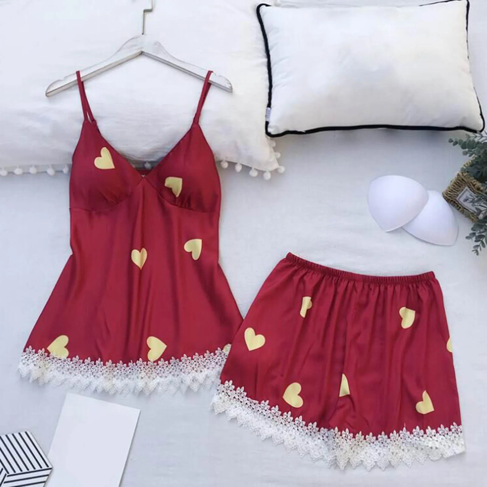 Bridal Pajamas for Bride Women Casual Home Comfortable Soild Color Love Print Vest Pajama Shorts Suit Women Button Pajamas