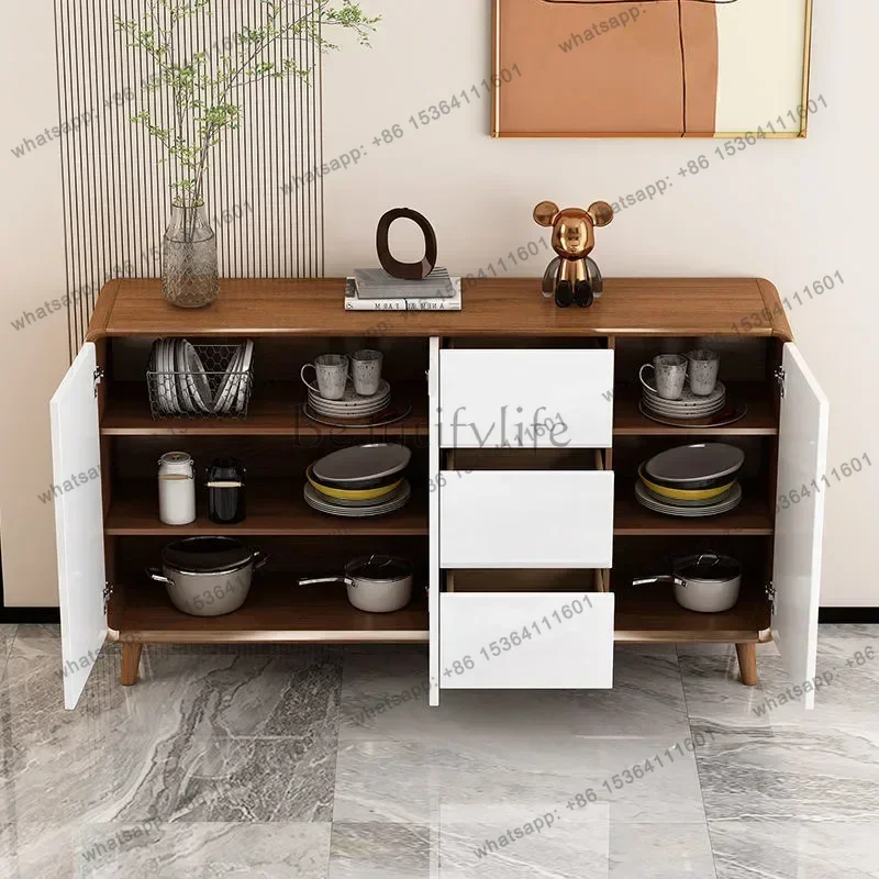 LDModern Kitchen Cabinet Decorative Storage Cabinet with 4 Fluted Drawers and Adjustable Shelves Wooden Bookcase