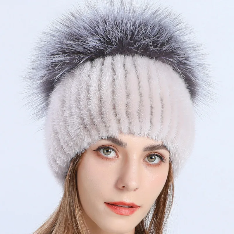 Mink Fur Hat Women Natural Fur Warm Ear Protection Hat Genuine Fox Fur Beanies Real Fur Cap Female Fluffy Snow Cap With Fur