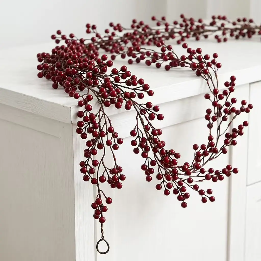 Set Of 2 Flexible Red Berry Garlands 78.7 Inch Plastic Vine With Inner Wire For Christmas Tree Fireplace Stair Railing Home Deco
