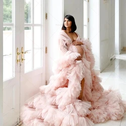Customized Elegant Fluffy Maternity Dress Tulle Pregnant Women's Prom Dresses Front Split Ruffle Robes Photoshoot Bridal Gown