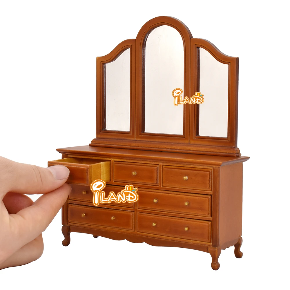 iLAND Wooden Dollhouse Furniture Vintageon 1:12 Scale Bedroom Bed Bedside Table Dressing Table  Upholstered Bench (Walnut 4pcs)