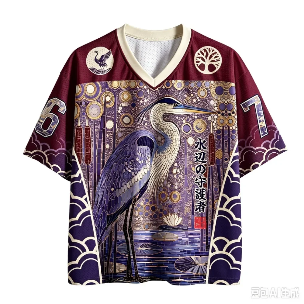 Unisex Japanisches Ukiyo-e-Design mit Storch und Lotusblumen, vollständig im 3D-Druckverfahren, V-Ausschnitt, Jersey-Stoff, modisches Street-T-Shirt, lockeres, atmungsaktives T-Shirt mit kurzen Ärmeln für den Sommer. – Detail 6