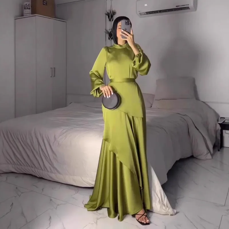 Temperament Rüschen Unregelmäßiges Kleid Muslimischen Satin Oansatz Hohe Taille Abendkleid Elegante Laterne Hülse Einfarbig A-linie Kleid