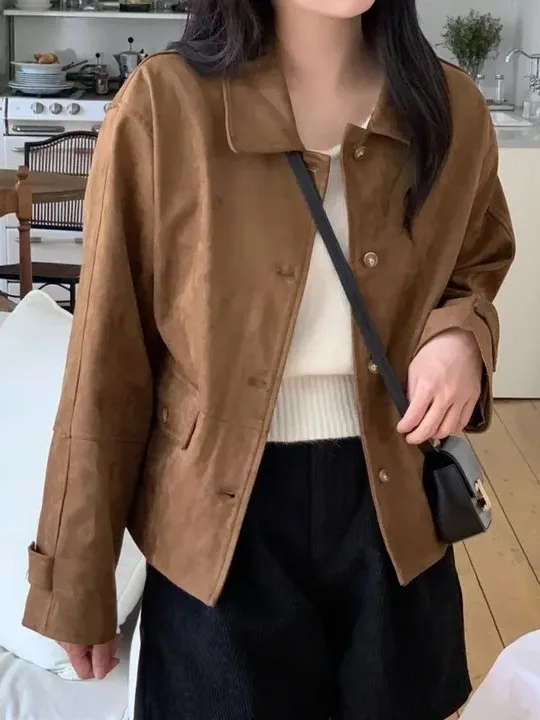 

Корейская замшевая куртка, женская простая куртка с отложным воротником на одной пуговице, осенне-зимняя модная верхняя одежда, женское пальто