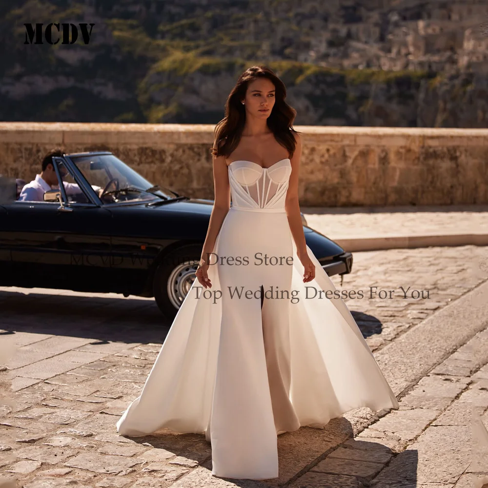 

MCDV Satin Mermaid Elegant Wedding Dresses Backless Short Sleeve Front Split Ivory vestidos de novia Sweetheart Customized
