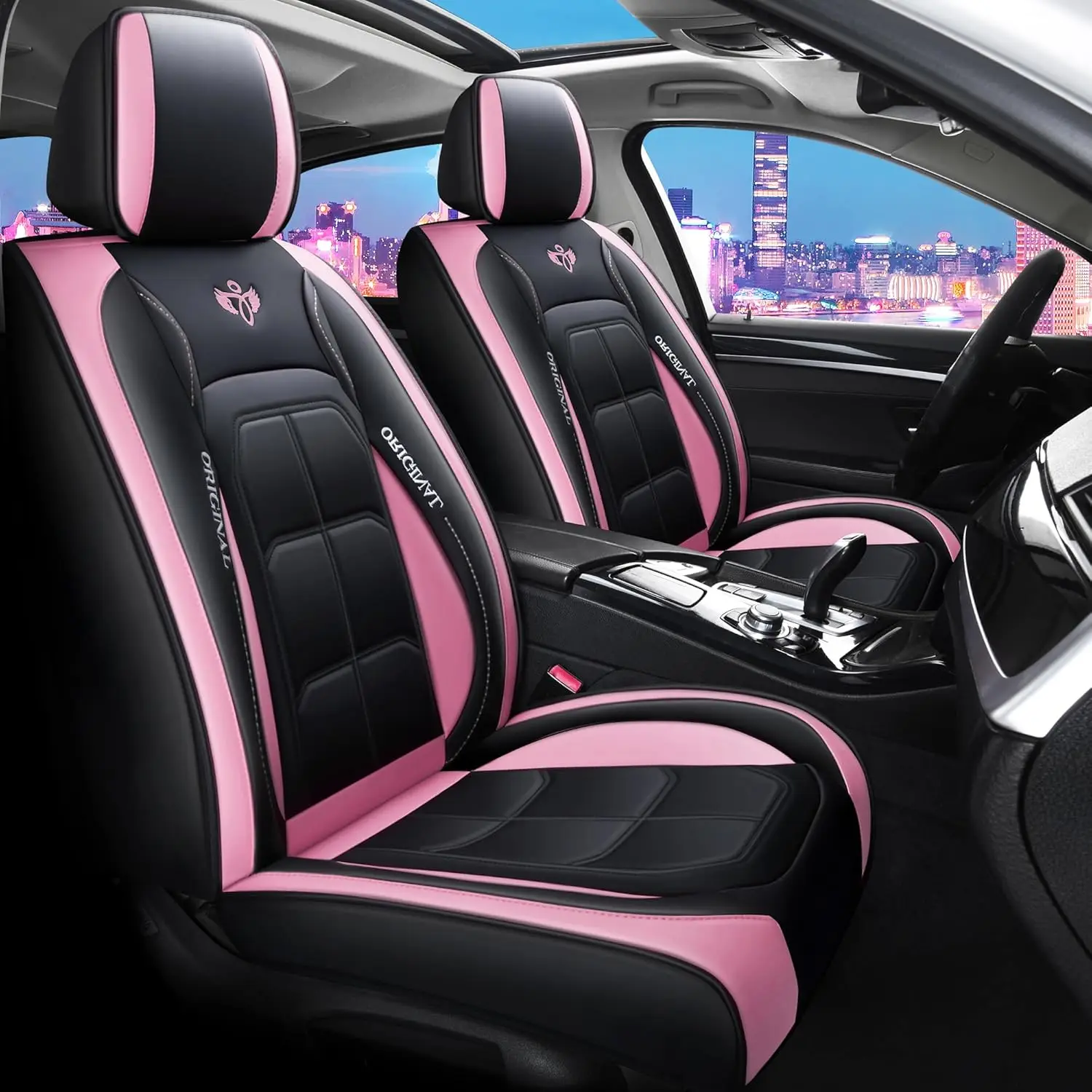 

Comfortable Leather Auto Car Seat Covers Front & Rear Seat Protector Fit Sedan SUV 5 Seats Full Set Universal Fit (Black and Pin