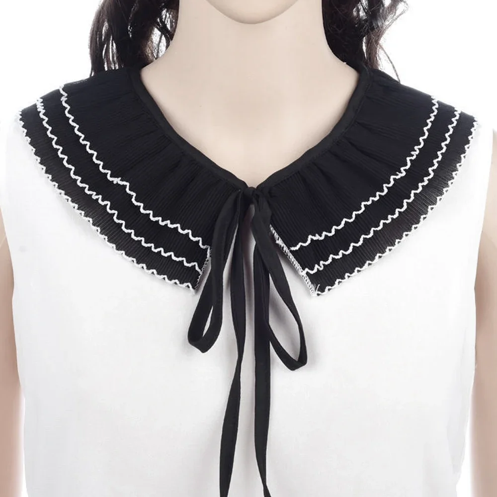 Women's Chiffon Fake Collar Girl's Pleated Doll Collar Detachable Half Shirt Collar Black White Bow tie Fake Collar Accessories