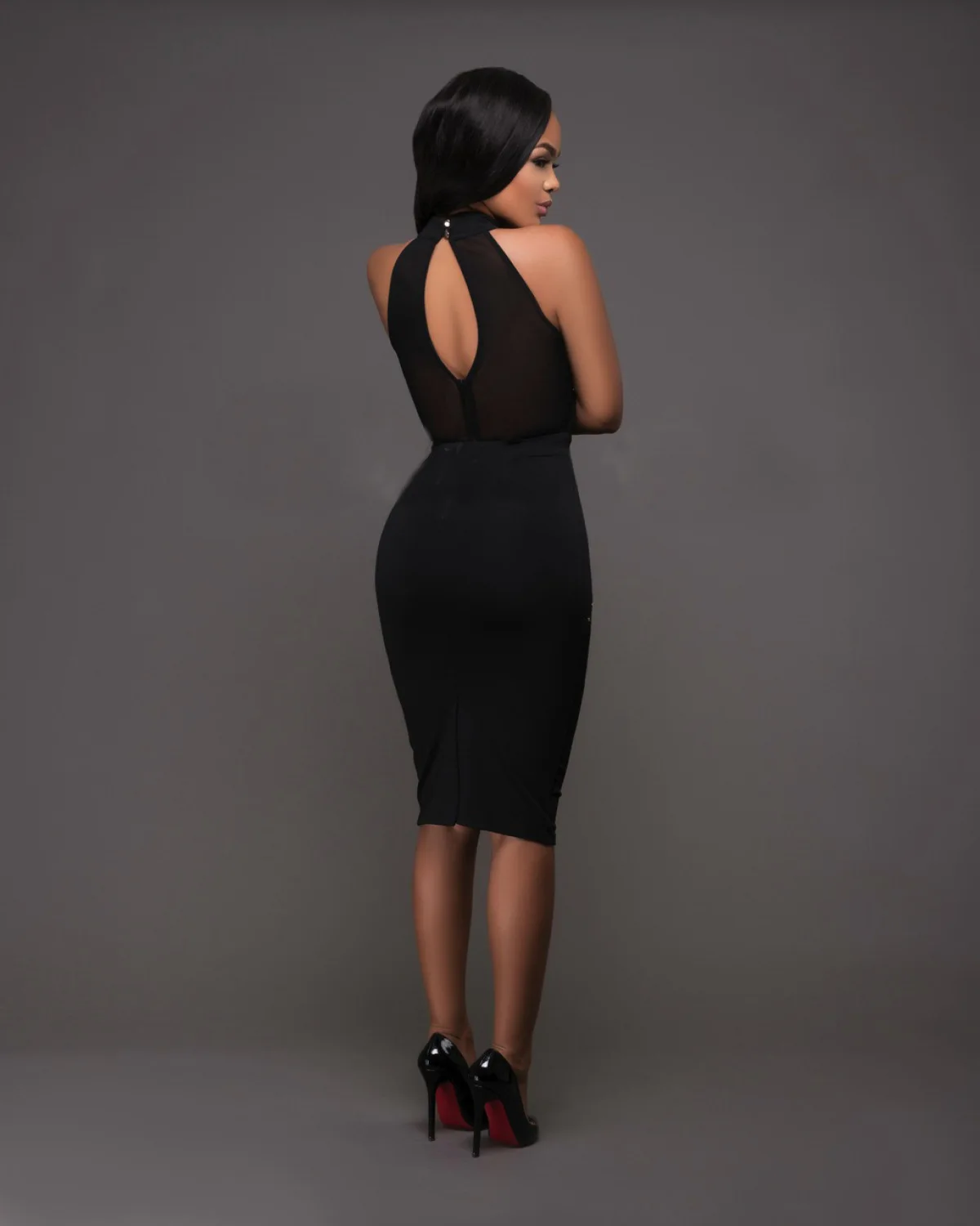 Damen Sommer Mesh kalte Schulter Diamant aus geschnitten zurück Bodycon Party Cocktail Midi Bleistift Kleider