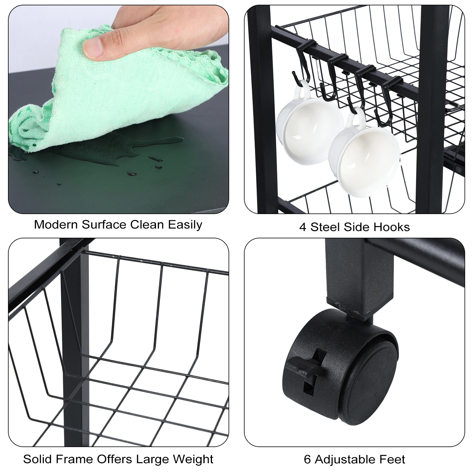 4 Tier Stackable Storage Basket with 360 Degree Wheels, Kitchen Baker Rack, Spice Rack Microwave Organizer Workstation