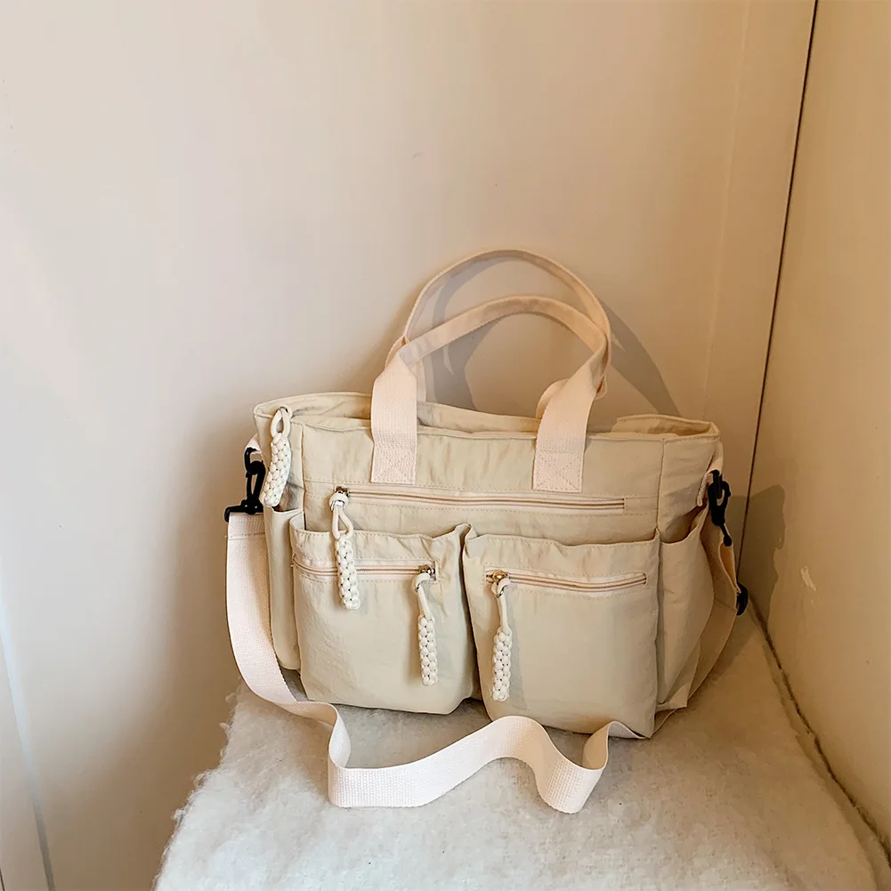 حقيبة كتف نسائية من النايلون مع جيوب متعددة مع سحاب بلون سادة، حقيبة حمل للعمل أثناء السفر #3