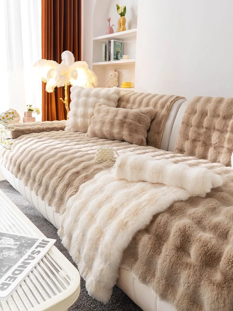 Maurice Home Autumn Winter Plush Cream Color Sofa Cushion Cover Dustproof Sofa Throw Blanket Nordic Style Heat Retaining Sofa...