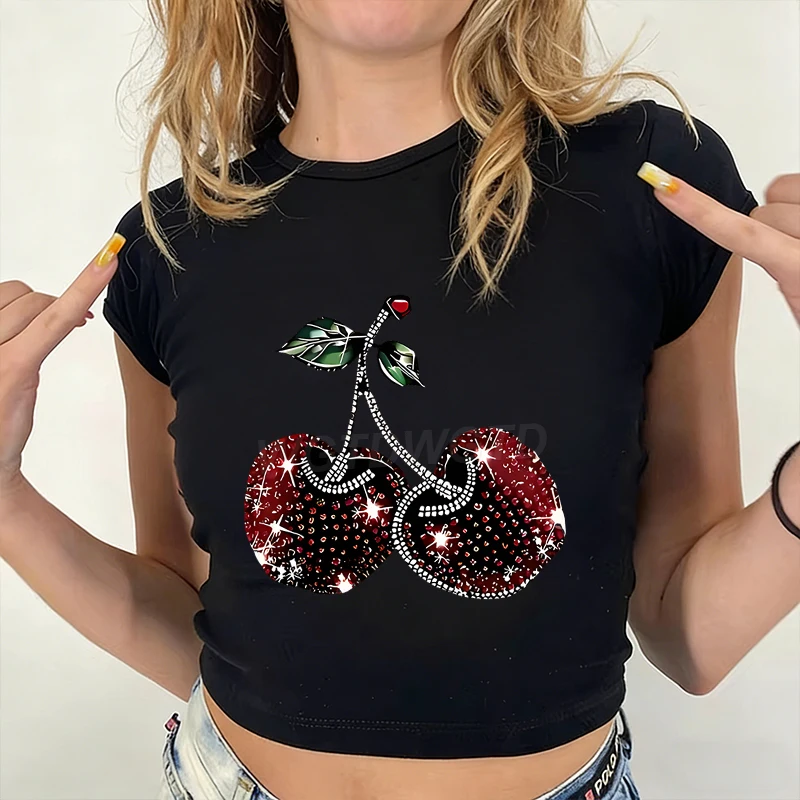 

Fashion Cherry Print Crew Neck T-shirt Y2K Short Sleeve Sexy Crop Top Spring Summer Women's 100% Cotton Clothing
