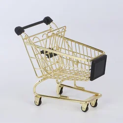 Golden Mini Shopping Cart Metal Storage Basket Trolley naments Home Office Decorations Craft Gifts Storage Baskets Household