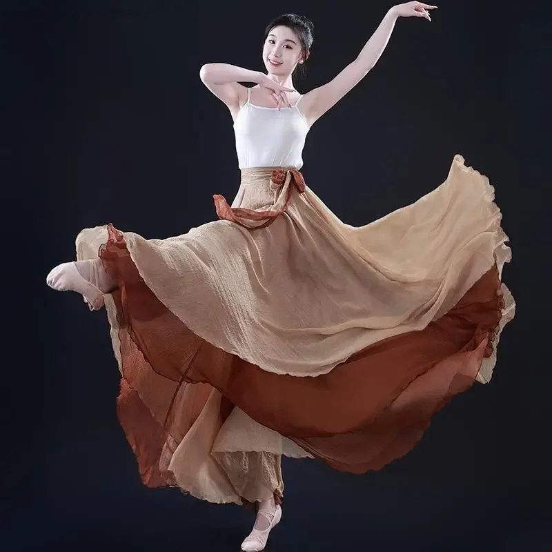 Elegant ชีฟองบัลเล่ต์ Dancer ฝึกสวมใส่ผู้หญิงคลาสสิกเต้นรําเครื่องแต่งกายขนาดใหญ่ Swing Dance กระโปรงคู่ Flamenco กระโปรง