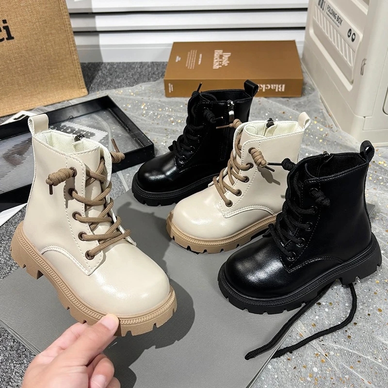 

Детские модные повседневные ботинки, новинка 2023 года, осенние ботинки для девочек, черные, бежевые школьные универсальные детские кожаные ботинки на платформе, простые