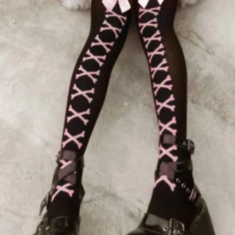 New Girl Bone Bow Socks Streetwear Girls Black Sweet Cute Pink Y2K Harajuku Lolita Fishnet Stockings Thigh High Stocking 1/2pair