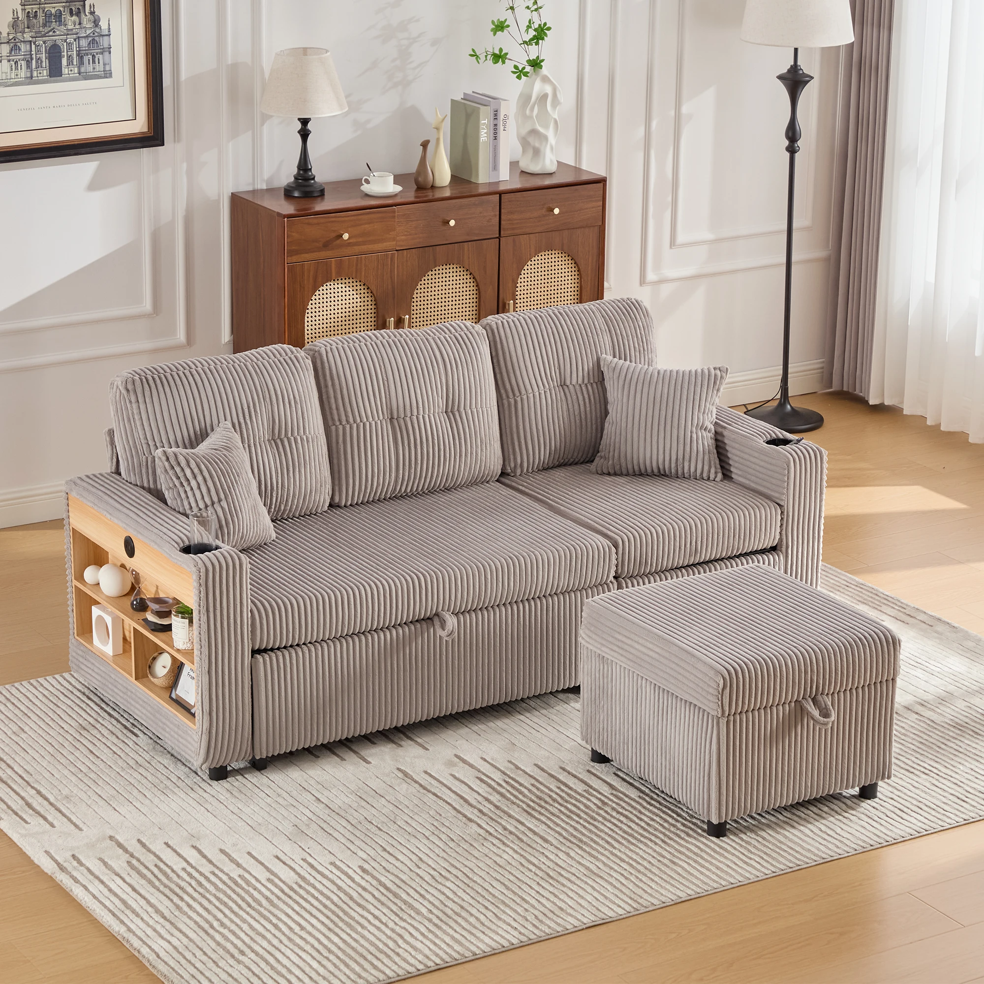 Canapé-lit Canapé d'Angle Convertible con Función Lit Extensible et Éclairage LED Sofá Modular con Cousins d'Assise et de Dossier, Beige