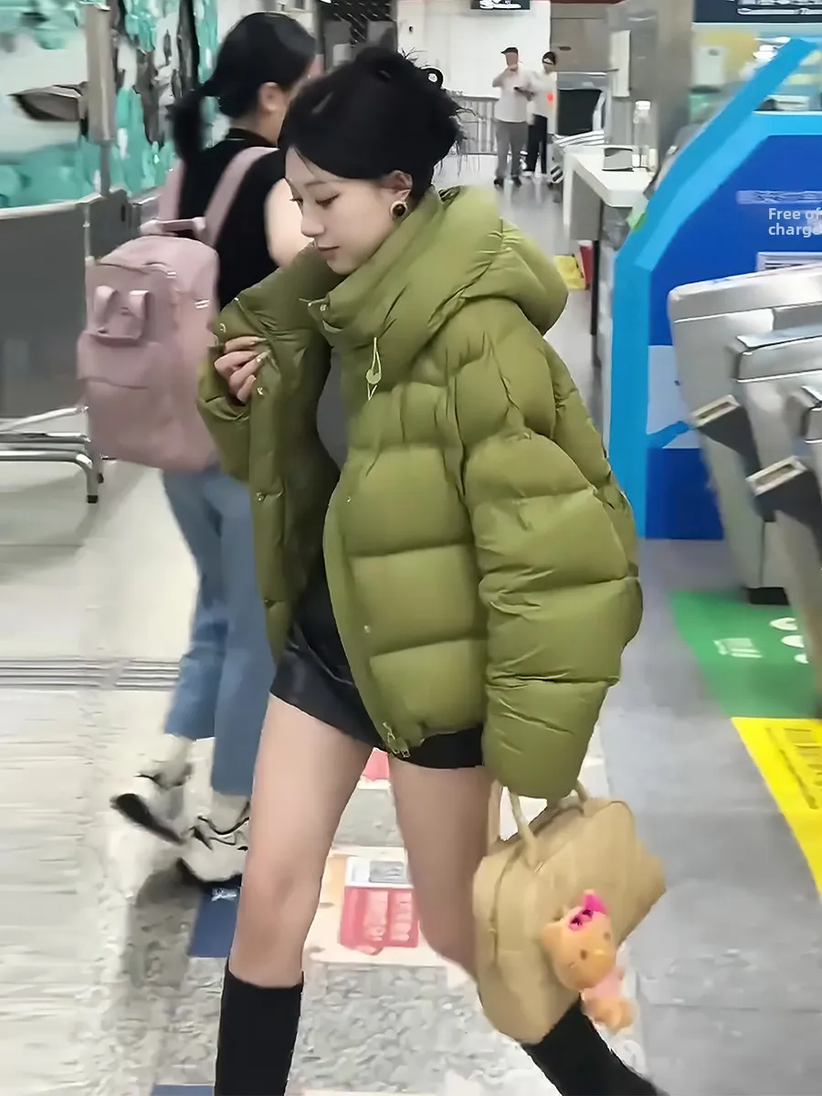 여성용 오트 화이트 다운 재킷 2025년 겨울 신상 따뜻한 코트 트렌디 후드 끈 달린 출퇴근용