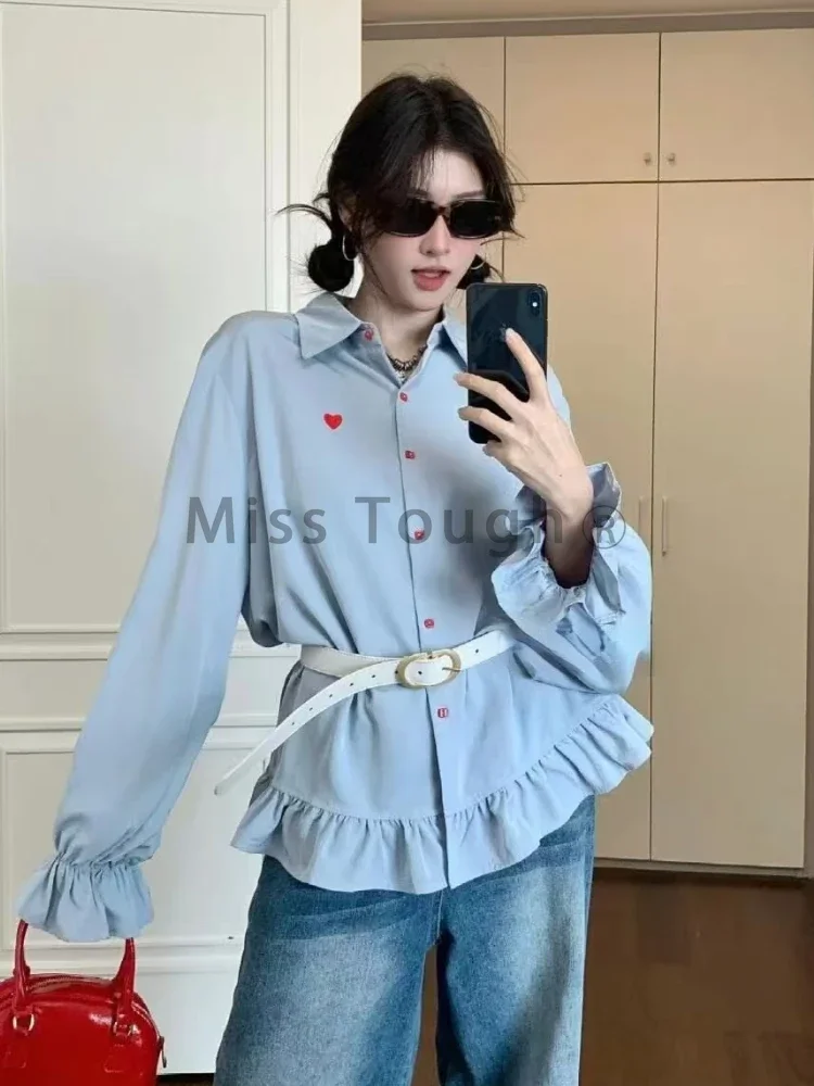 Casual Sweet Loose Lapel 2-piece Set Women Korean Fashion Patchwork Long Sleeve Shirt Female + High Waist Solid Short Skirt New