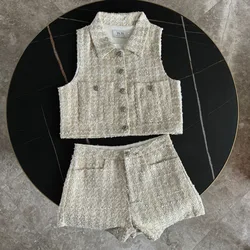 Summer Luxury Style Tweed Elegant Suit Women's 2024 New Lapel Sleeveless Top Vest+High Waist Slim-Fit Shorts 2-Piece Set Trendy