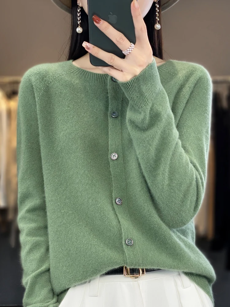 100% Merinowolle Pullover Damen O-Ausschnitt geknöpfte Strickjacken Langarm Strickwaren Frühling Herbst Winter Damen bekleidung Tops