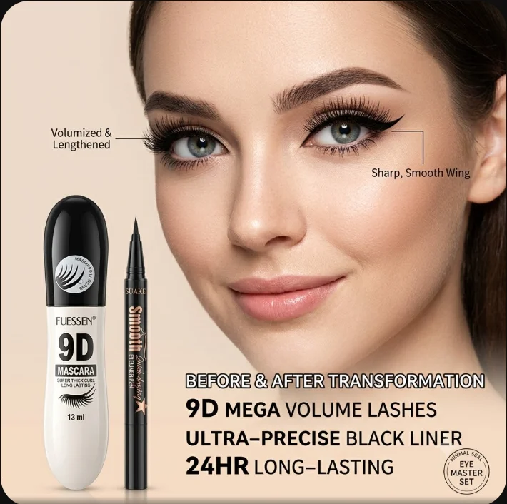 Waterproof Eyeliner & 9D Silk Fiber Mascara Set for Women, Long-Lasting Smudge-Proof Party Stage Glam Makeup Combo, Volumizing &