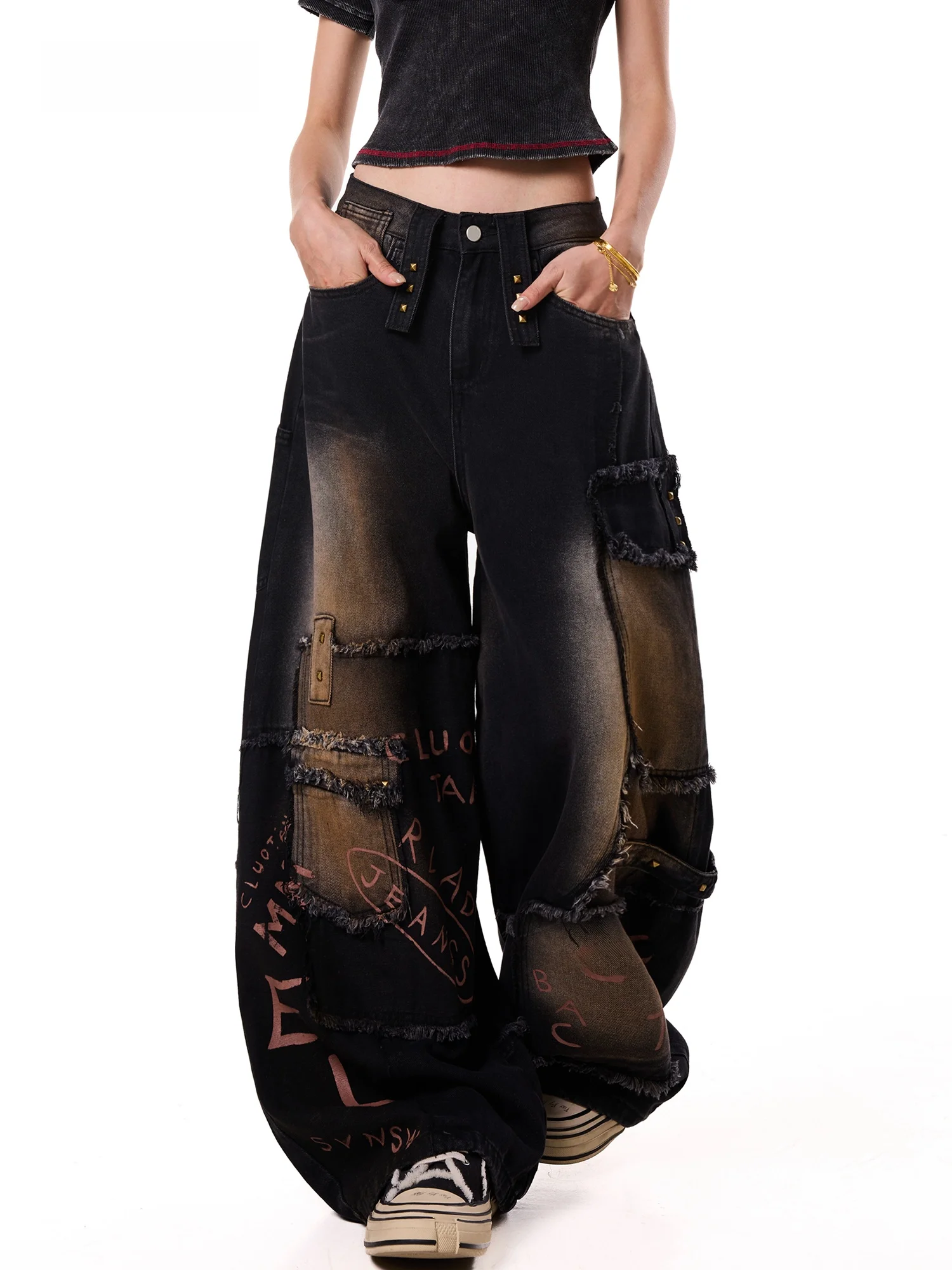 High Waist Wide Leg American Style Vintage Distressed Denim Jeans Women's Autumn New Arrival Floor Length Torn Sensation