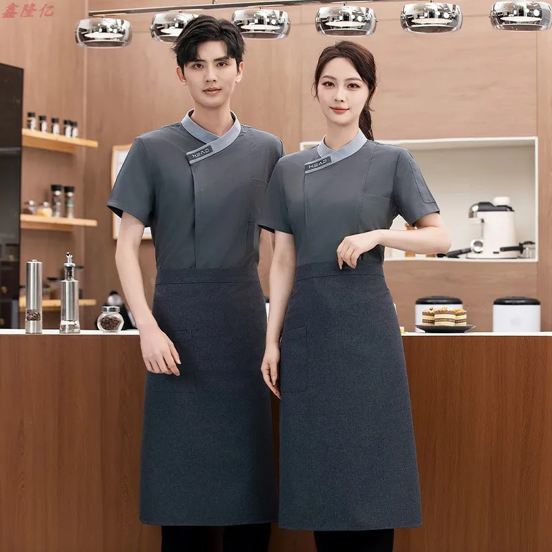 Western Restaurant Steakhouse Asymmetric Collar Chef Jacket Short Sleeve Catering Hotel Restaurant Canteen Work Uniform Thin Bre