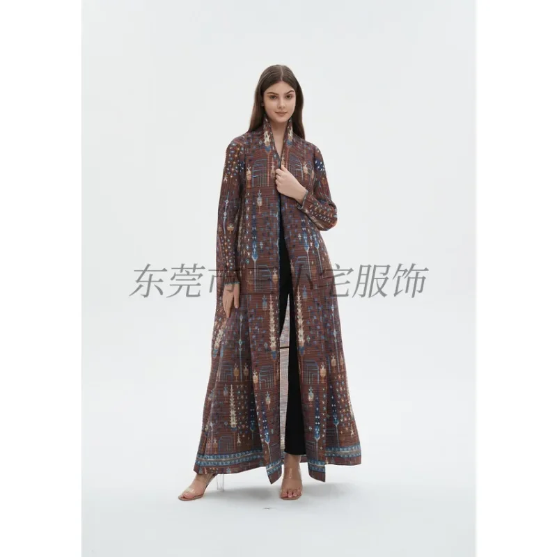 KAF Pleated Large Size Women Trench Coat 2024 Spring and Autumn New Vintage Printed Design Luxury Female Coat Arabian Abaya