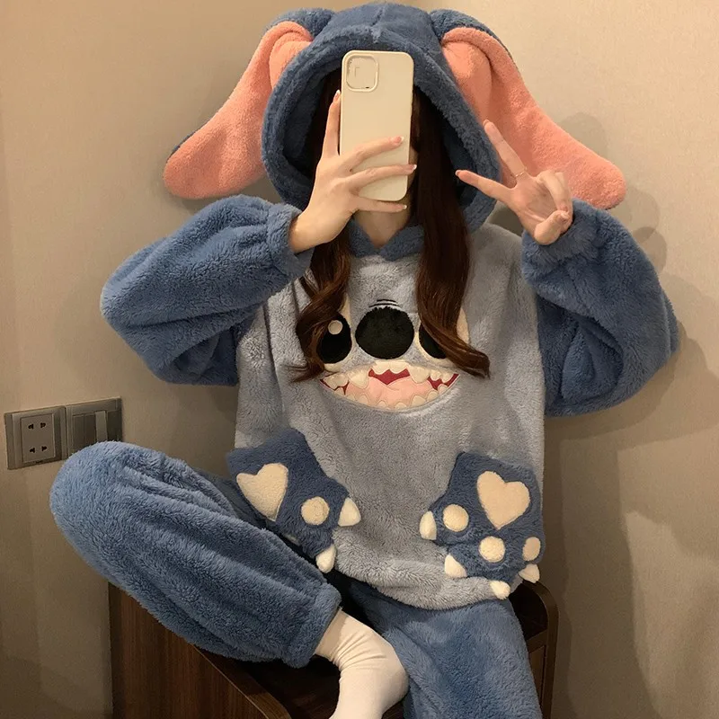 Lilo&stitch Hooded Pajama Girl Winter Student Disney Cartoon Stitch Plus Fleece Flannel Long-sleeved Homewear Set Birthday Gift