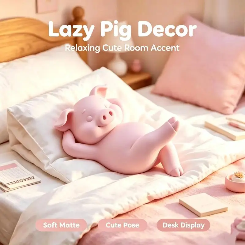 Cute Reclining Lazy Pink Pig Figurine 3D Print Mini Relax Piggy Statue Kawaii Desktop Ornament Home Bedroom BookShelf Decor Gif