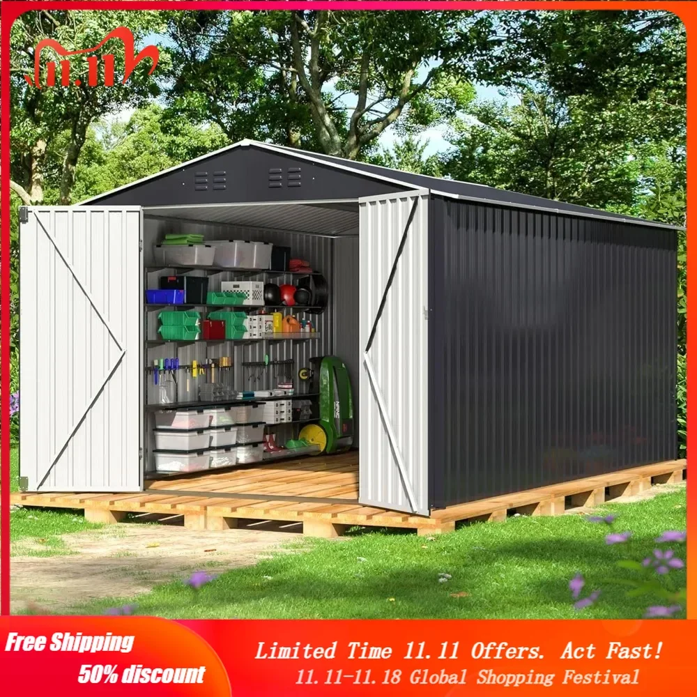 8 x 12 FT Outdoor Storage Shed, Metal Garden Shed with with Updated Frame Structure, Sheds for Backyard Garden Patio Lawn Black