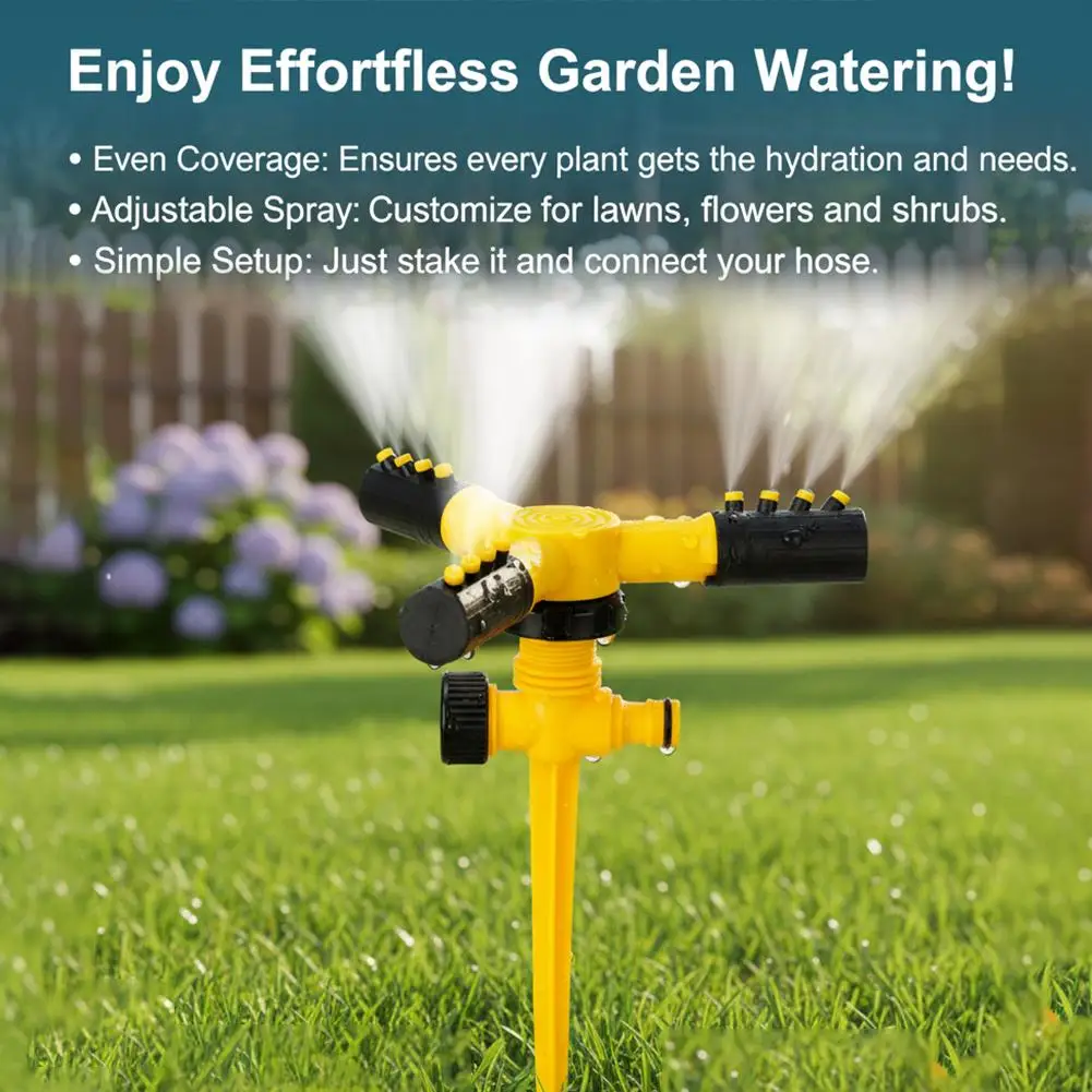 360° Rotating Garden Sprinkler Automatic Lawn Water Sprinkler With Ground Spike 3 Arm Irrigation System For Yard Flower Bed