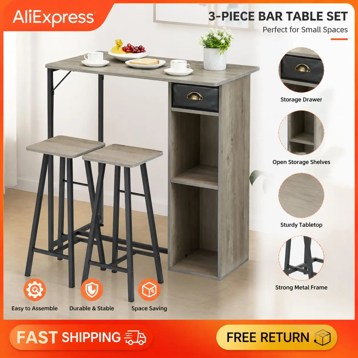 GarveeLife: set da pranzo salvaspazio composto da 3 elementi per 2 persone – tavolo da bar moderno con vano contenitore, 2 sgabelli, design industrial
