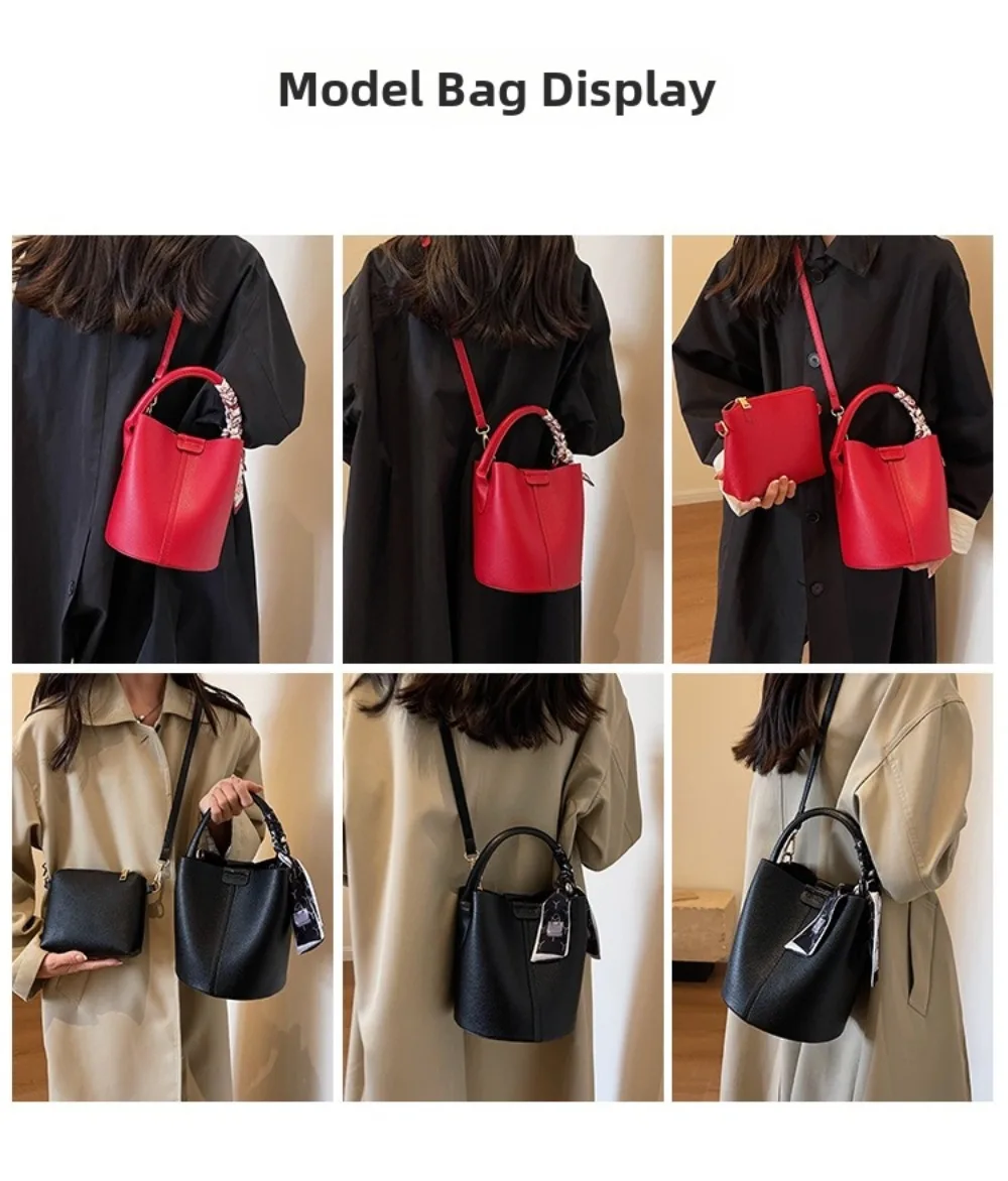 Meistverkaufte Rote Damen-Umhängetasche Hochwertige Schlichte Bucket Bag Vielseitige PU-Material Handtasche Hochzeitsgeschenk – Detail 3