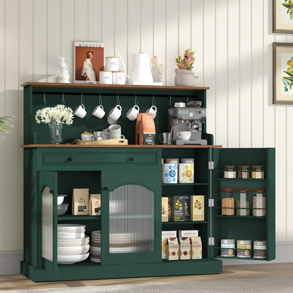 Mueble para cafetería con puertas de vidrio, mueble de despensa de cocina de madera con puertas de vidrio, mueble verde para microondas con aparador