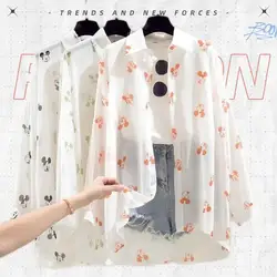 Camisa de protección solar de Mickey a la moda de dibujos animados para mujer, camiseta de manga larga de Edición coreana para primavera y verano, camisa fina holgada, cárdigan informal