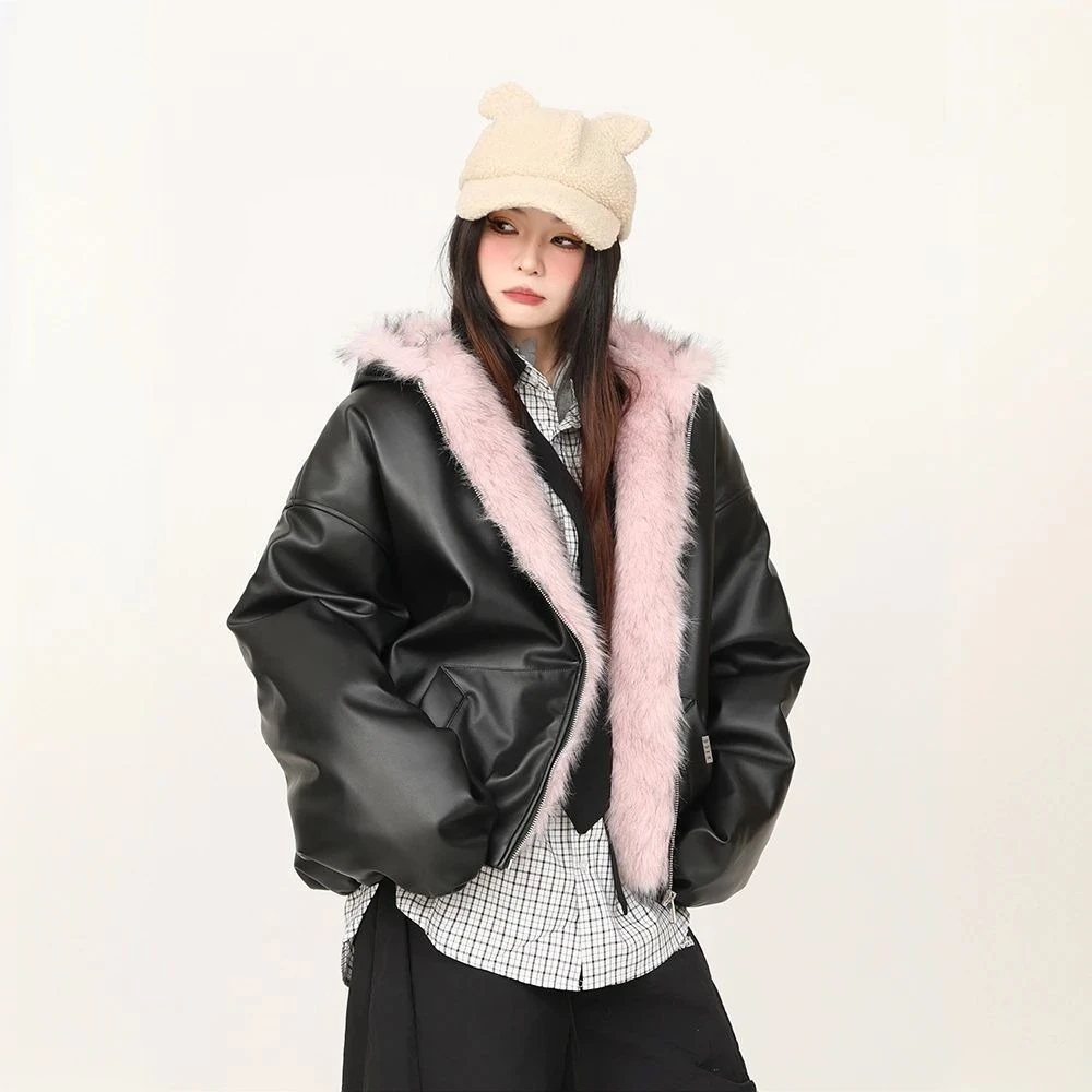 سترة نسائية كلاسيكية أمريكية غير رسمية بغطاء للرأس بأكمام طويلة من الفرو الصناعي Y2K معطف عتيق بلون نقي ملابس شارع هاراجوكو #2