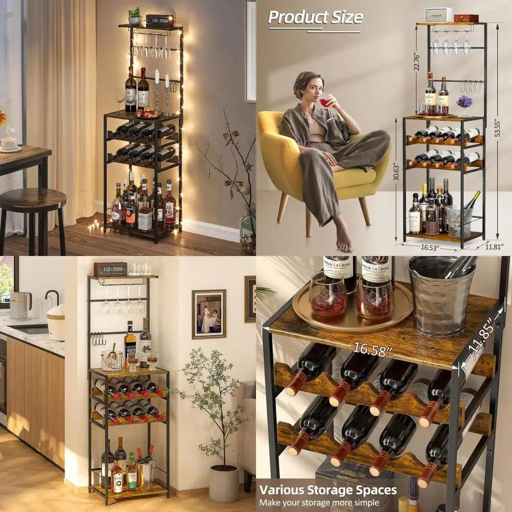 Wine Rack independiente de 5 niveles con soporte para vidrio y ganchos, gabinete de barra de esquina compacto para el hogar, capacidad para 8 botellas, 11,81 x 16,53 x