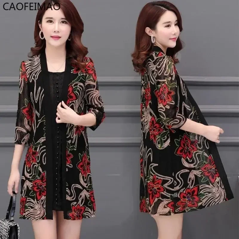 Caofeimao 2023 Summer Women's Lace Cardigan Printed Mid-length Shawl Thin Middle-aged Women Air-conditioned Shirt Jacket