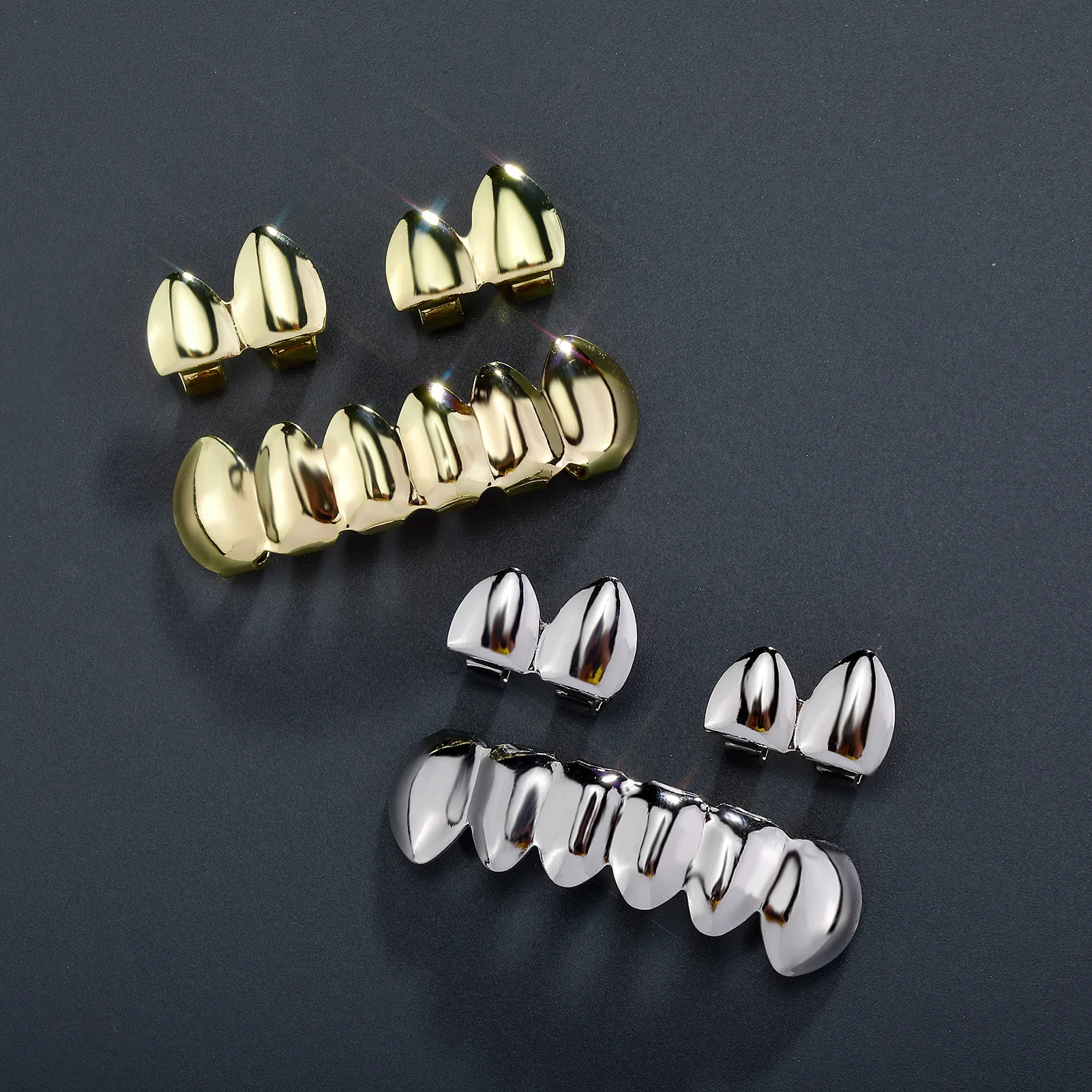 Smooth Polished Grillz Gold Plated Fang Vampire Tooth Cap Hip Hop Rapper Combo Versatile Unique Jewelry Gift for Men Women Party