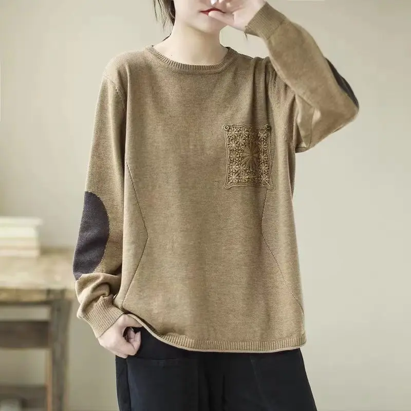 

Lazy Style Soft Sweater Shirt For Woman Contrasting Colors 2023 Autumn Retro Art Versatile Loose Casual Base Knitwear z3128