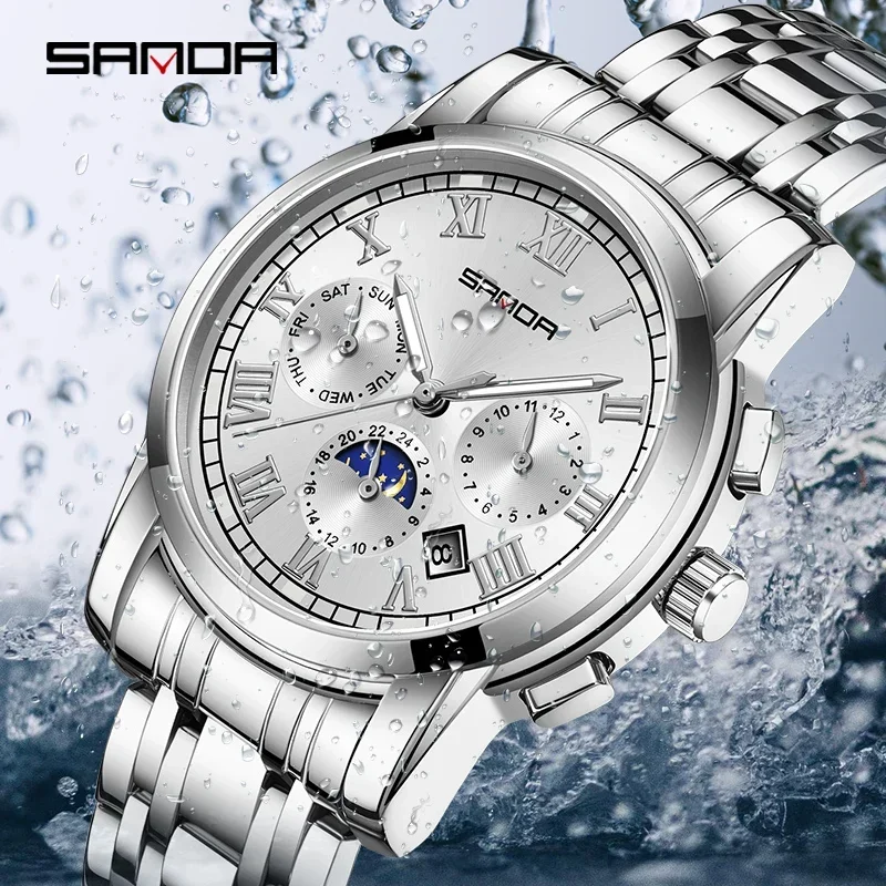 2023 SANDA New Selling Steel Band Calendar Men's Watch with Three Eyes Six Needles Multifunctional Fully Automatic Mechanical