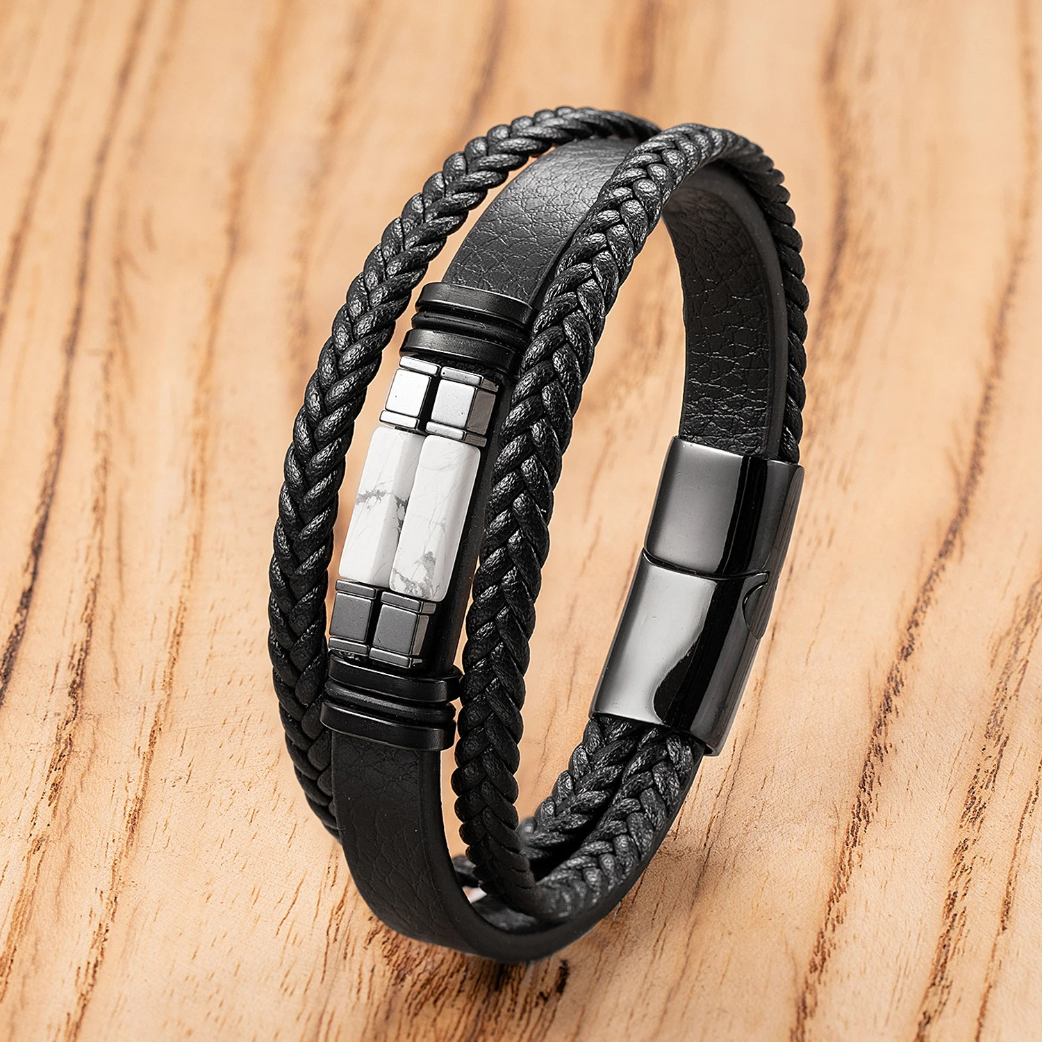 High Quality Accessories Bracelet Men\'s Fashion Gift Black Genuine Leather Bracelets Stone Combination Wild Handsome Gift