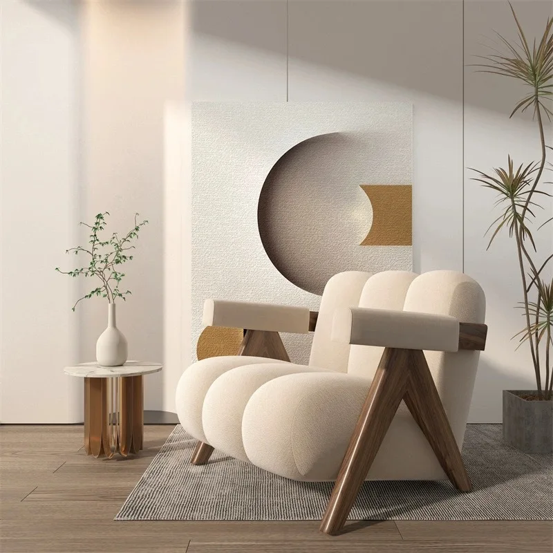 

wabi-sabi solid wood, single sofa, living room Japanese cream color, Nordic balcony leisure chair, fabric sofa chair